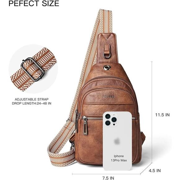 Brown Vegan Leather Sling Bag with Striped Strap – Travel Crossbody Pack - Picture 2 of 5